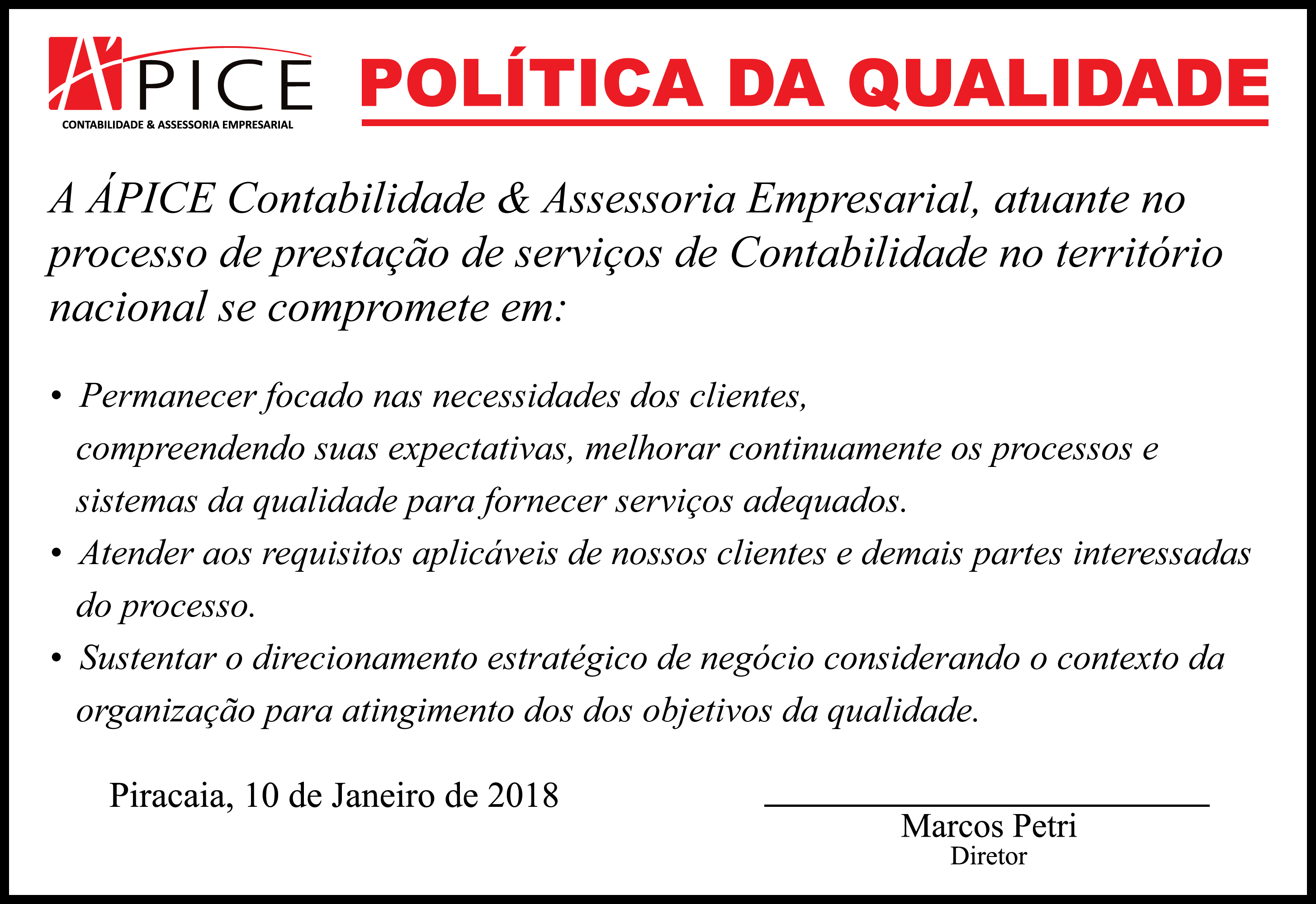 Politica Qualidade - Apice Contabilidade e Assessoria Empresarial